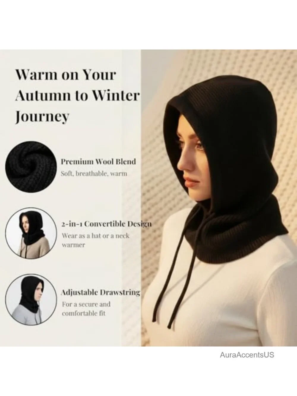Knit Hooded Scarf Balaclava Winter Neck Warmer Headwear Adjustable Drawstring